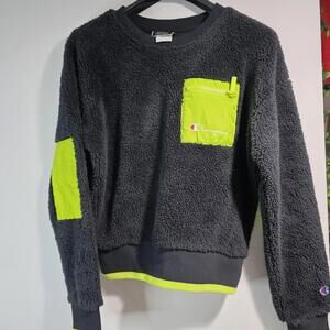 Champion Sweatshirt Mens Medium Neon Yellow Sherpa Fleece Crewneck Pullover